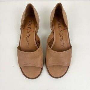SOLE SOCIETY Leather Open Toe Tan Sandal Shoe Cutout Midi Heel Women’s Size 6.5